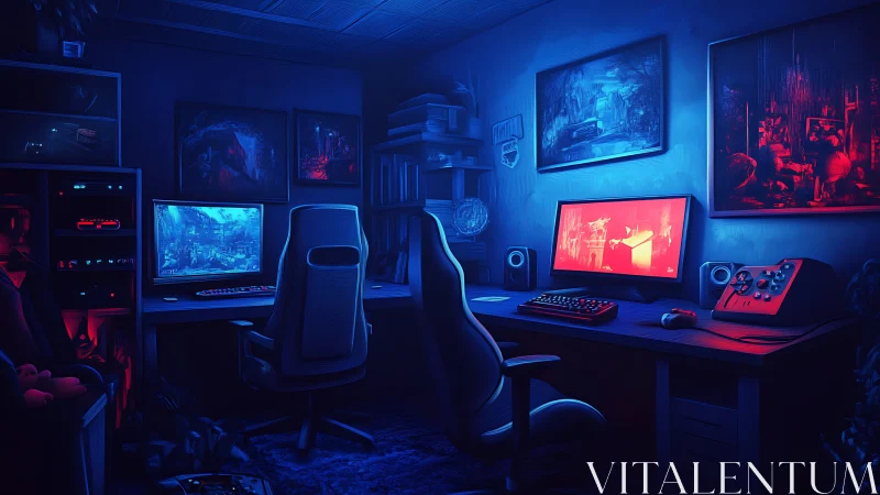 Dual-monitor gaming battlestation glows in neon blues