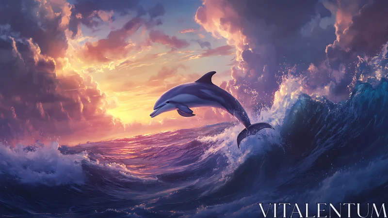 Dolphin leaping over vivid ocean waves at sunset sky