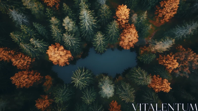 Aerial autumn conifer&ndash;deciduous forest encircling dark pond.