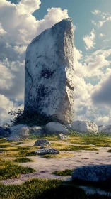 Eroded monolith in luminous cloud field, high fidelity render.
