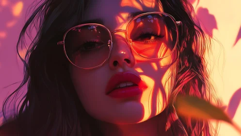 Neon sunset portrait with bold sunglasses and shadows.
