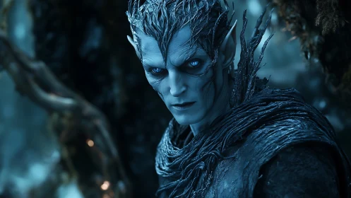 Frostborn elf warlord with bioluminescent eyes in forest gloom.