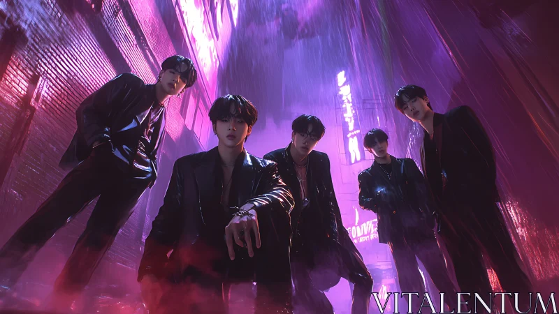 Cyberpunk boy group under neon rain in chromatic alleyway.