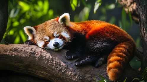 Sun-drenched red panda dreaming on a mossy woodland throne.