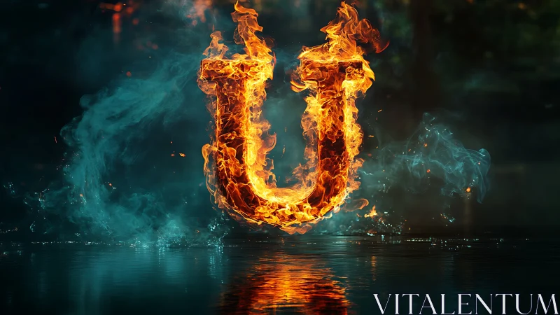 Flaming U Letter Over Water in Teal Atmosphere.