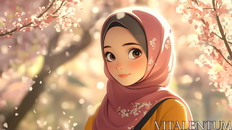 Hijab-wearing girl illustration in soft floral setting.