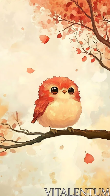 Round autumn bird illustration with soft brushwork and warm palette
