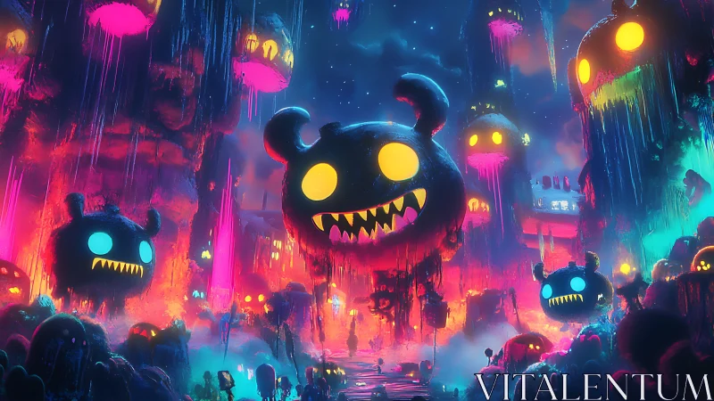 Neon cavern invasion with glowing monster balloons at night.