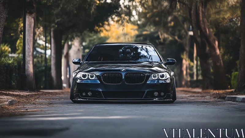 Front view of black BMW sedan on tree lined roadway.