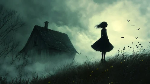 Haunting silhouette girl contemplates a fog‑shrouded house at dusk