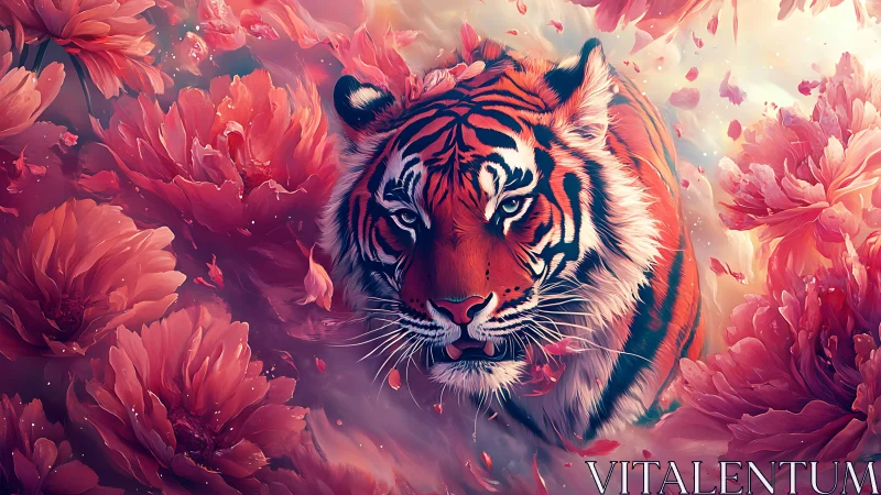 Tiger emerging through swirling scarlet peony blossoms.