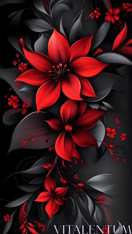 Volumetric Digital Florals: Red Petaled Forms Against Monochromatic Depths.