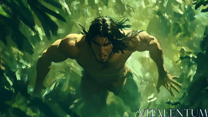 Muscular man moves forward through dense green jungle foliage