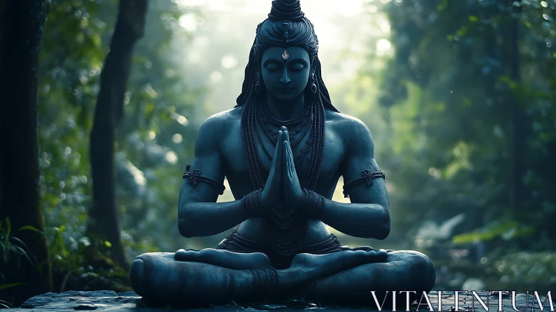 Forest-lit blue deity in tranquil meditative stillness.