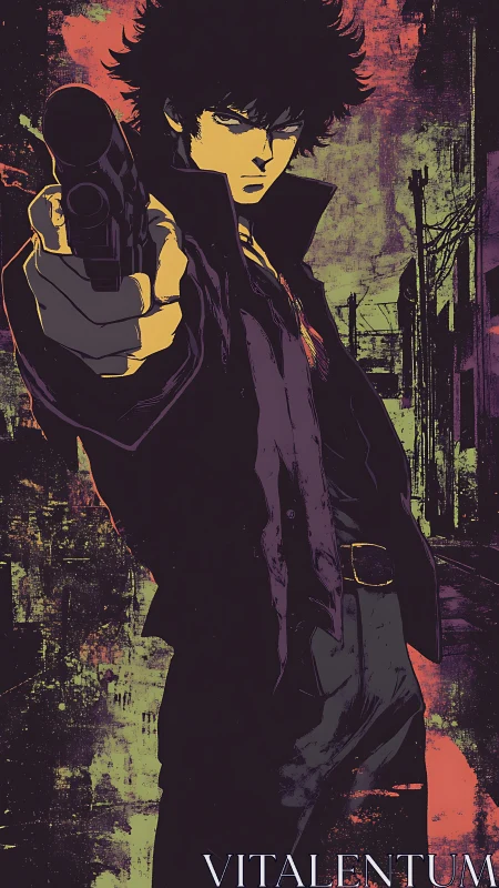 Neo-noir anime gunman framed in gritty urban alleyway.