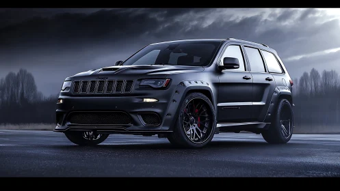 Midnight-tuned Jeep prowls a stormlit highway like stealth thunder