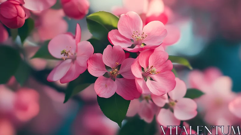 Pink flowering crabapple blossoms with dense green foliage