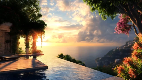 Sunlit infinity pool over coastal cliffs at golden sunset.