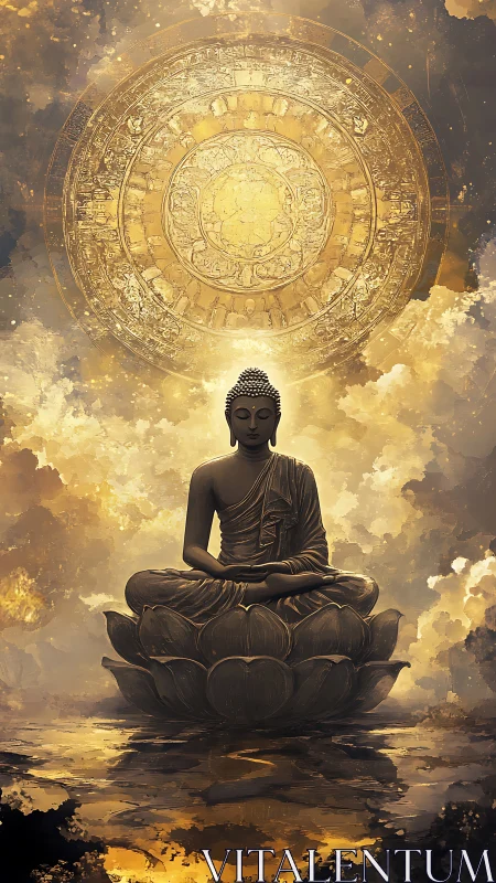 Golden mandala halo above meditative Buddha on lotus pedestal.