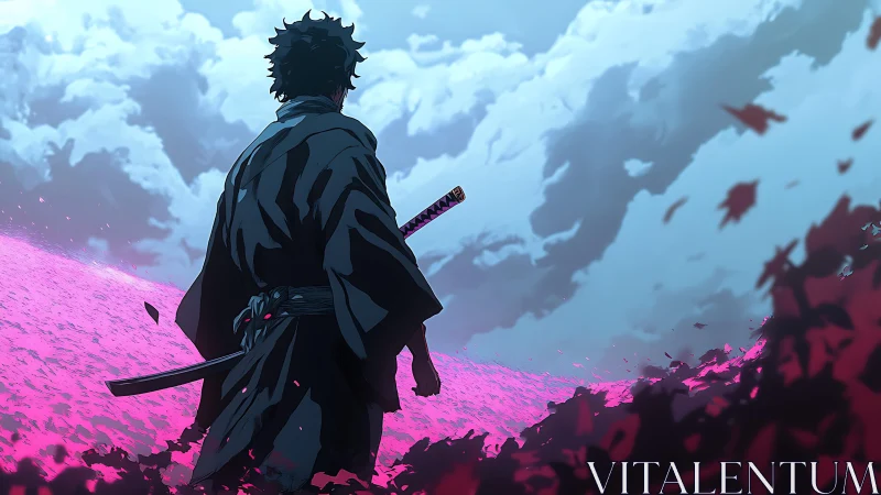 Lone samurai overlooks neon pink field under storm sky.