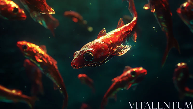 Red glowing fish school in dark underwater environment.