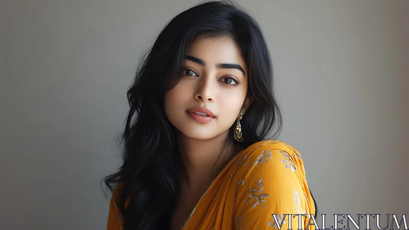 Photorealistic portrait in saffron drape with soft rim lighting.