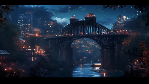 Nocturnal river bridge cityscape in cinematic digital painting.