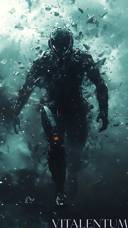 Armored cyber warrior strides through swirling debris and light
