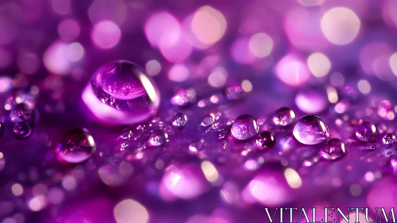Macro view of purple water droplets on soft surface.