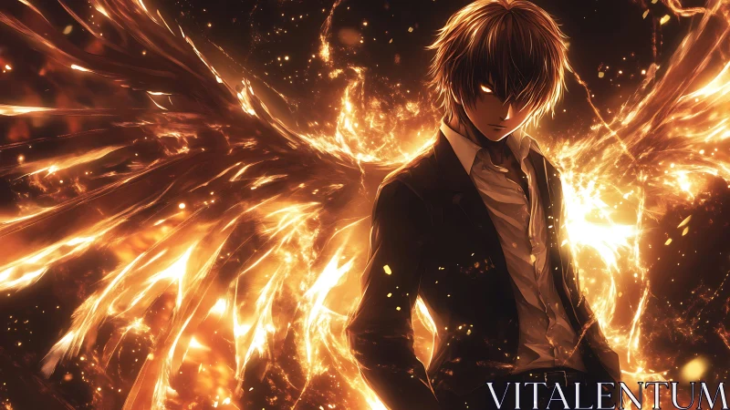 Blazing winged youth in molten amber celestial flare.