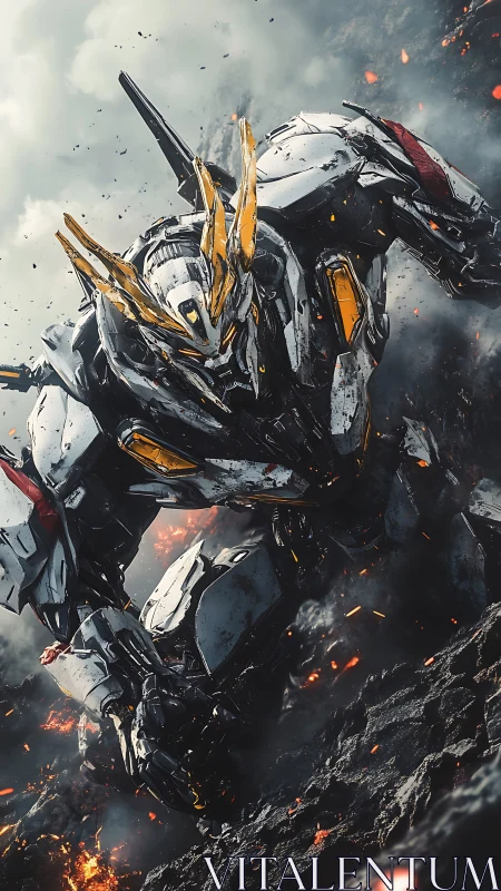 Battle-worn mech warrior kneeling in burning wasteland.