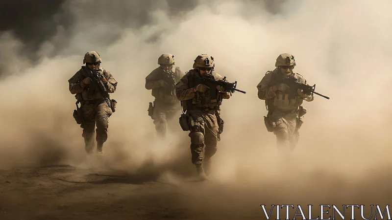 Dusty battlefield moment shows soldiers moving with focus