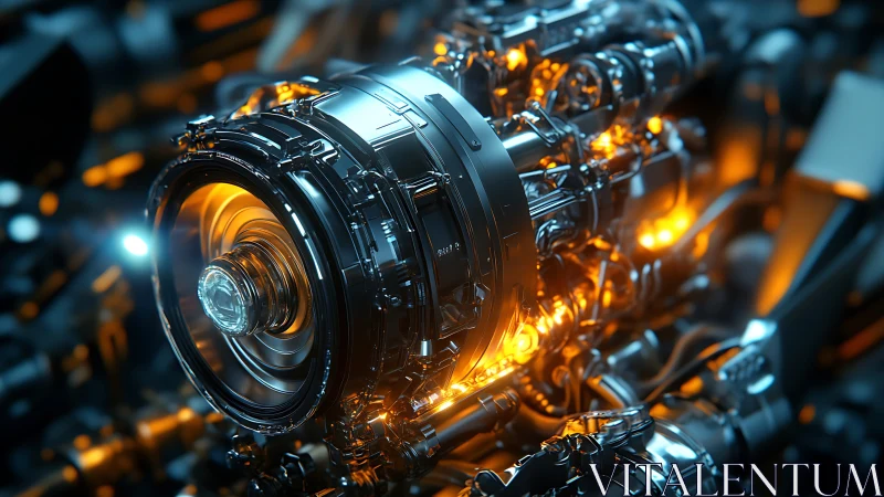 Futuristic engine core glows with neon orange energy pulses.