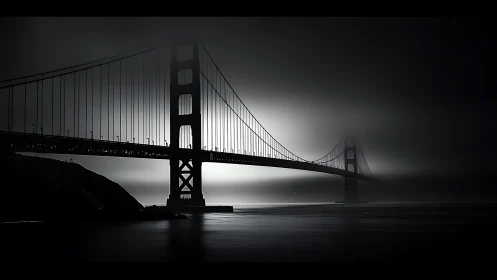 Silent steel giant crossing a moonlit fog-drenched bay.