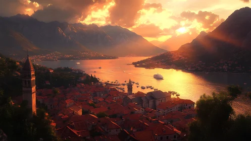 Sunlit coastal town and bay rendered in warm cinematic light