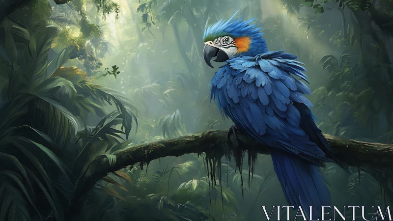 Blue macaw perched in lush misty rainforest environment.