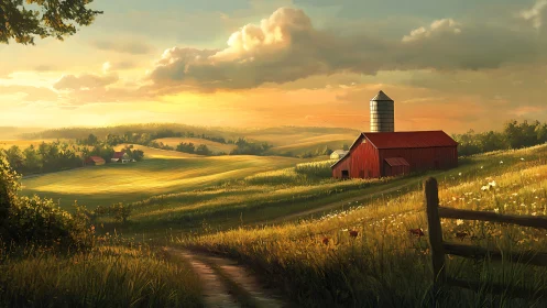 Sunlit red barn on rolling farmland at golden hour.