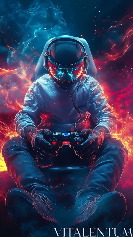 Cosmic gamer drifter between cool neon fire and ice glow.