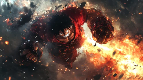 Explosive anime hero charges forward through swirling fire
