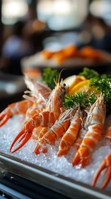 Photorealistic seafood display with langoustines on ice plate.