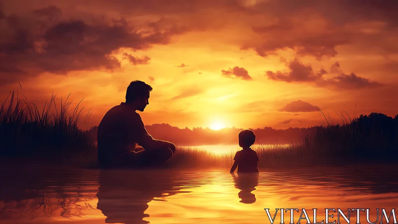 Sunlit whispers between father and child on quiet water.