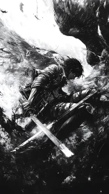 Soldier with dual blades descends through chaotic shadows