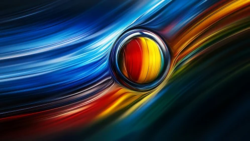 Vibrant abstract orb within flowing multicolor streaks.