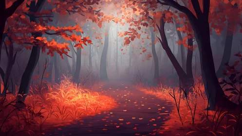 Autumn Forest Path Illuminated by Warm Luminescent Ground Glow