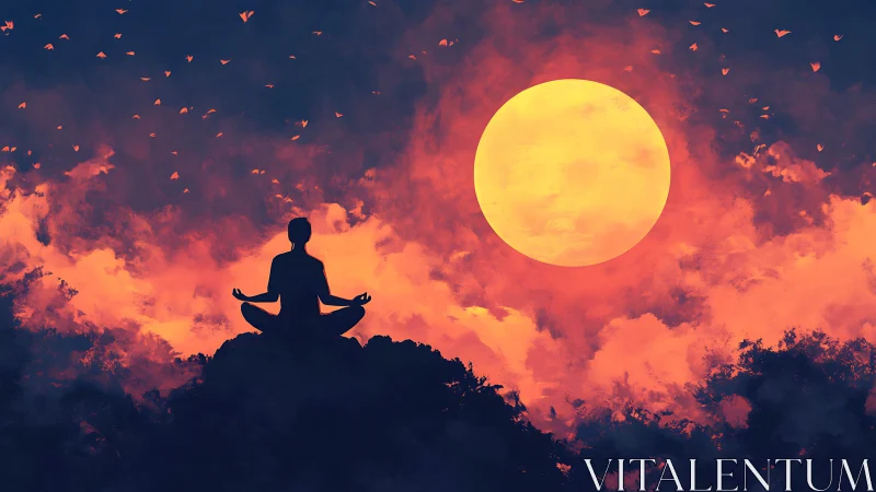 Digital painting of meditative silhouette under solar disc.