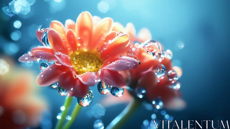 Red Gerbera Daisy with Spherical Water Droplets Under Blue Backlighting.