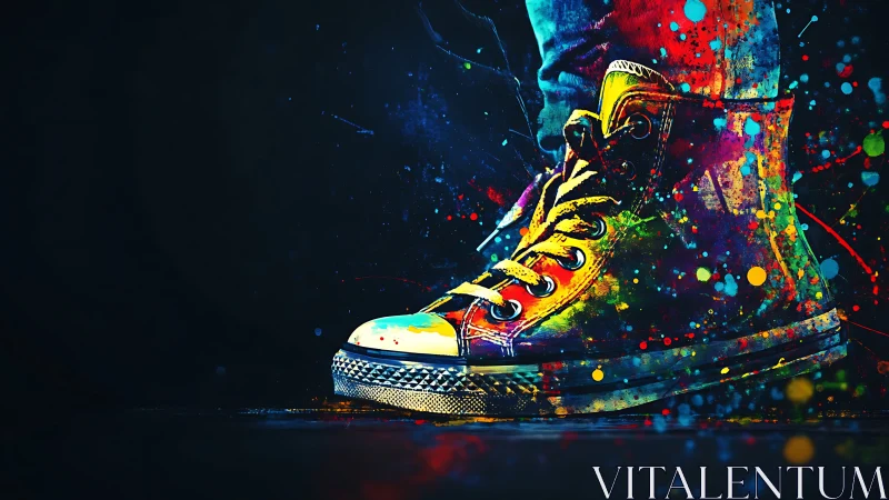 High-top sneaker immersed in dynamic multicolor paint splatter field