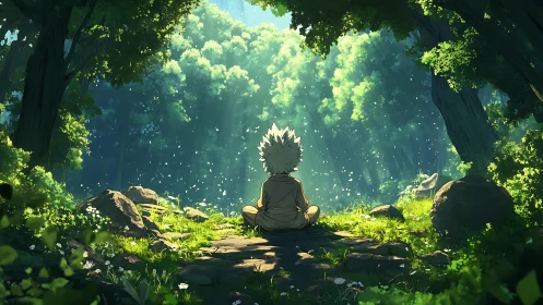 Solitary child meditates quietly in a glowing forest clearing.