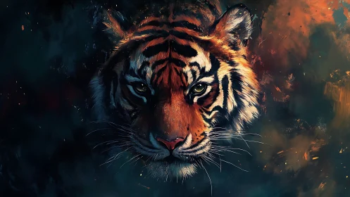 Fierce tiger face emerges from fiery abstract shadows.