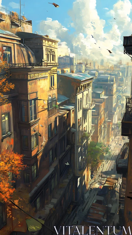 Sunlit autumn city street glows gently between tall homes